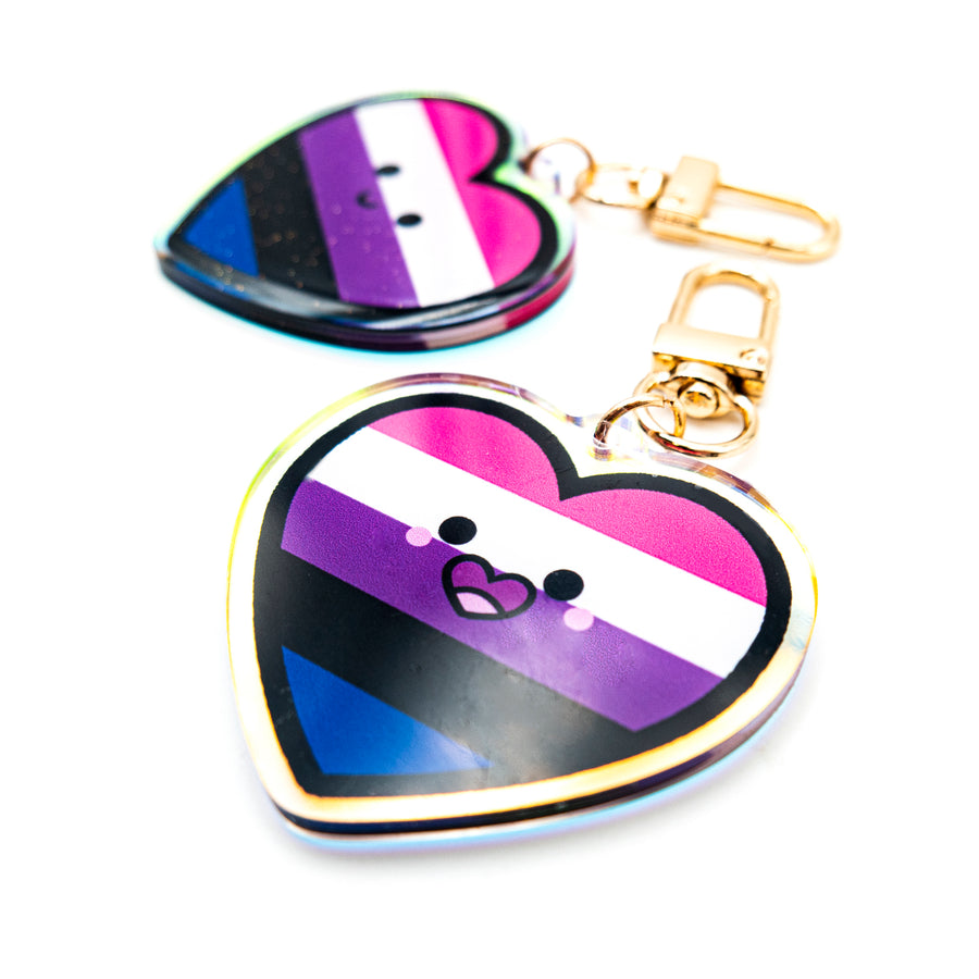 Purple Stripe Keychain: A keychain with a purple stripe representing both masculinity and femininity from the genderfluid flag, made from rainbow acrylic, featuring double-sided printing and epoxy with glitter on the front side. The keychain is 2 inches in size and has a gold rounded clip hook.