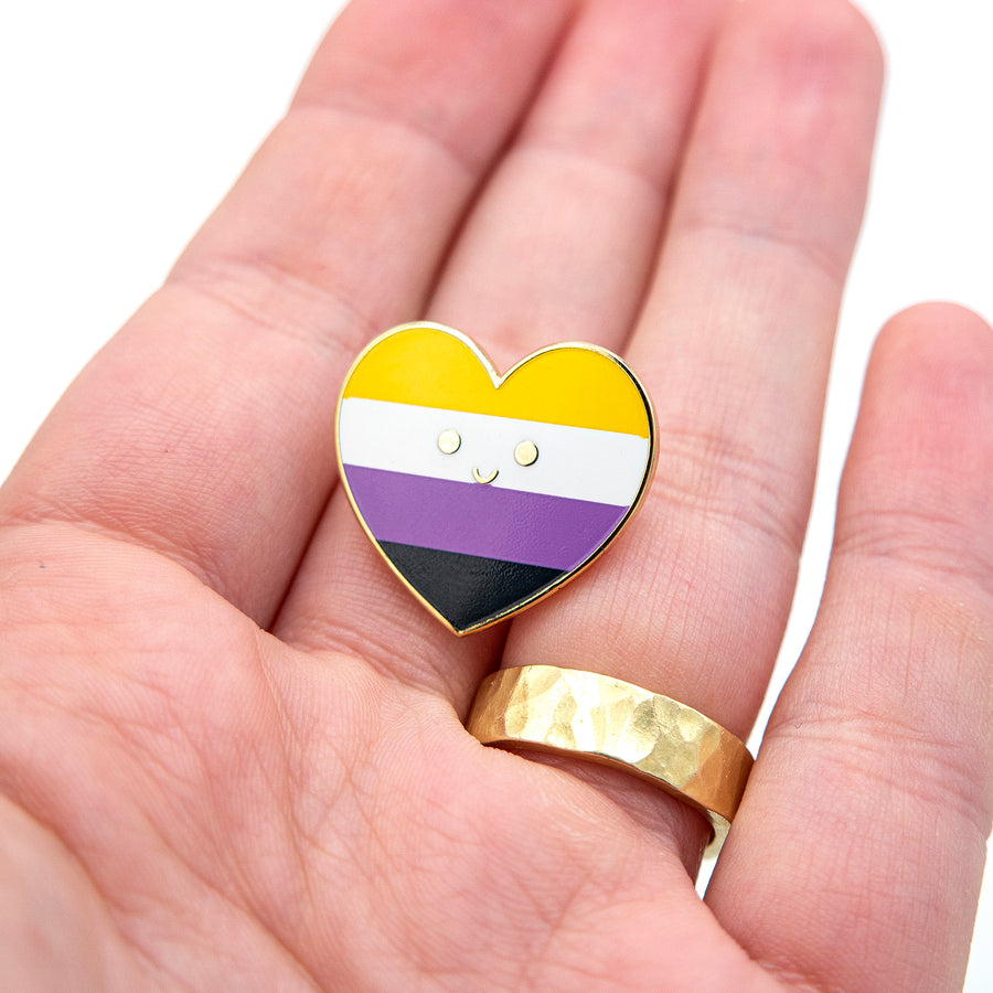 friendly Non Binary Pride Flag Heart Pin  on hand