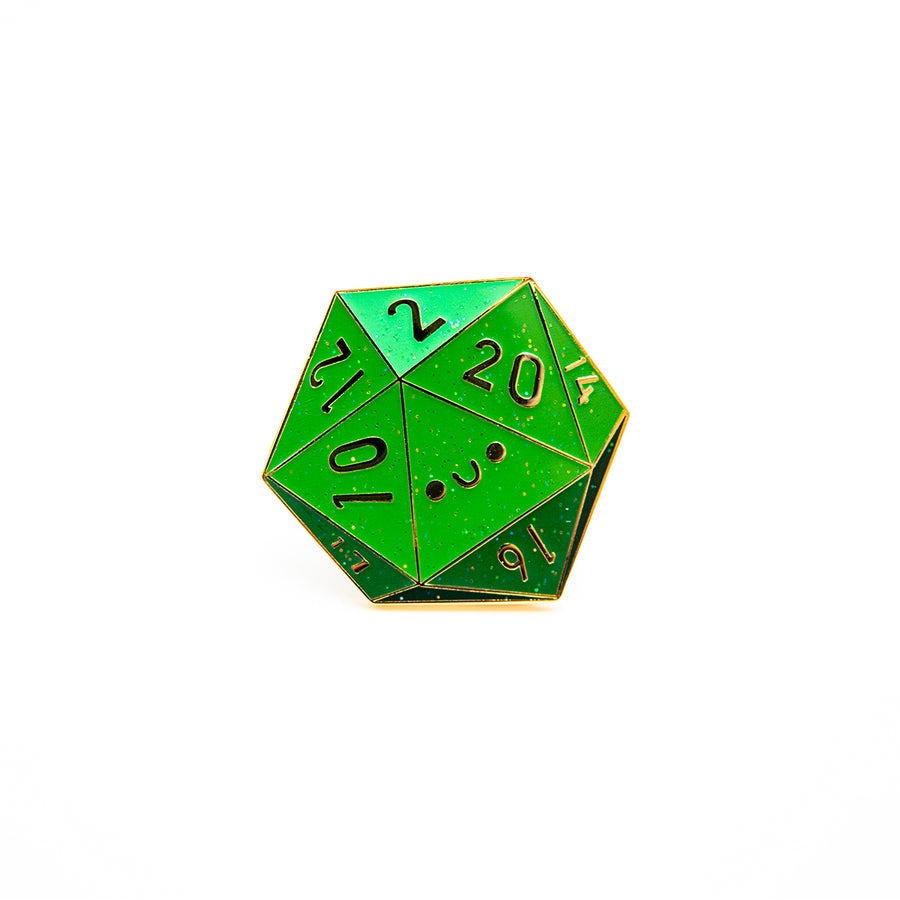 Special glitter-finish D20 enamel pin available exclusively for Patreon supporters.