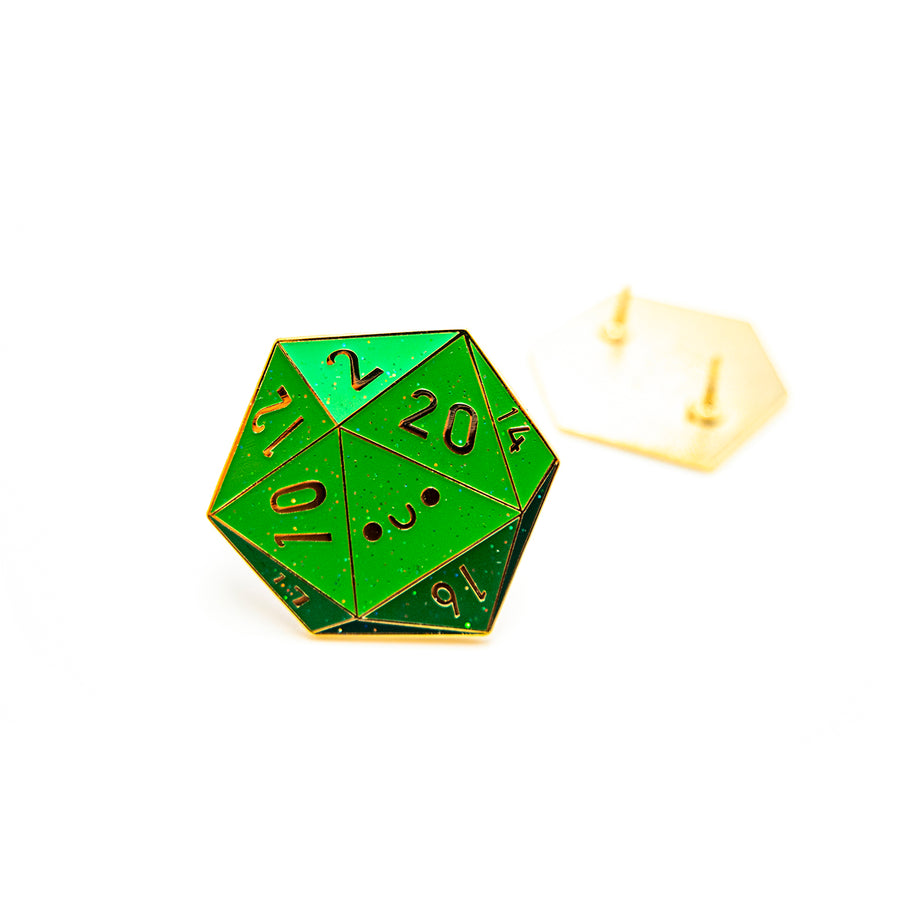 Four D20 enamel pins in red, green, blue, and black rubber clutches.