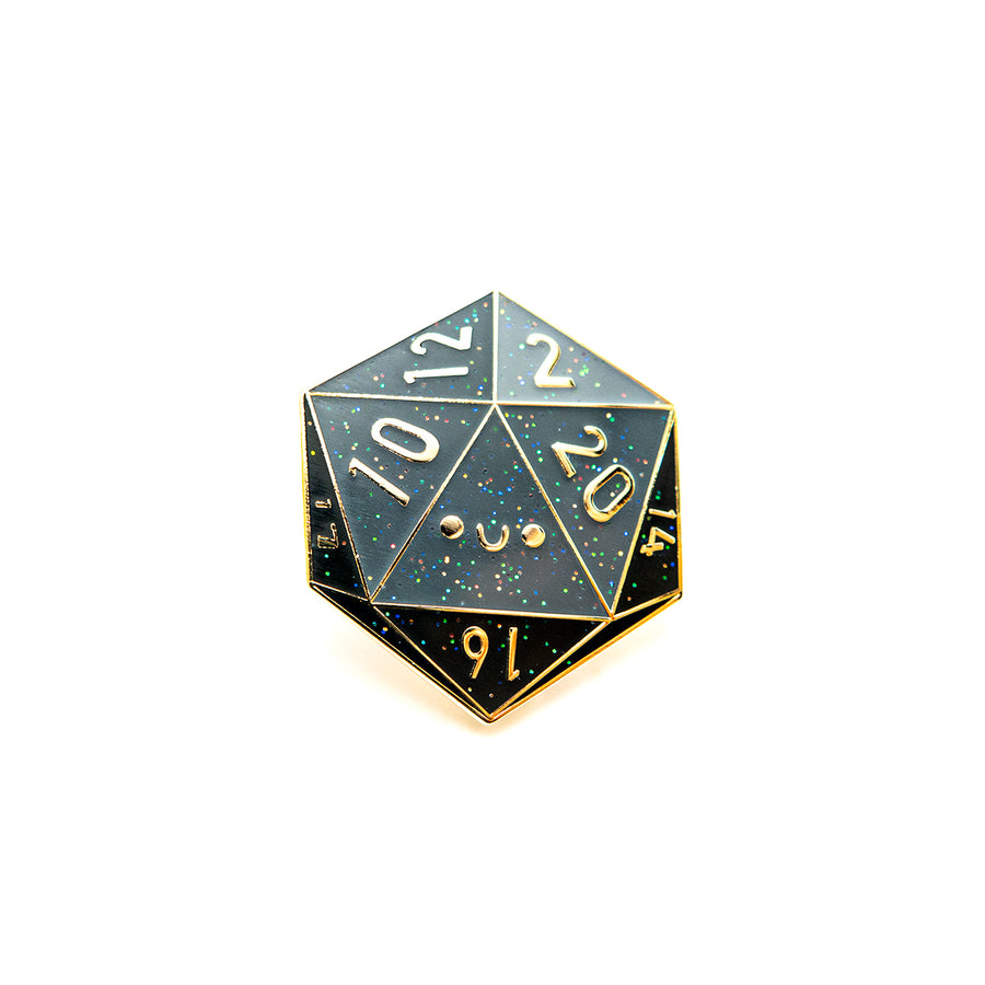 Close-up of a 33.02 mm D20 enamel pin featuring hard enamel and gold plating.