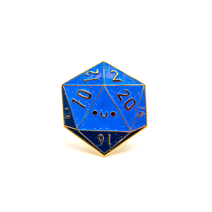 Back view of the D20 enamel pin, showing the backstamp and two secure posts.