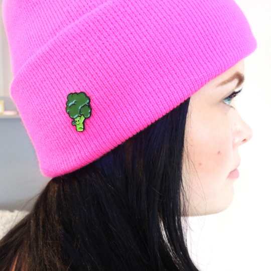 broccoli pin on pink hat