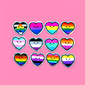lgbtqia+ flag stickers in shape of hearts