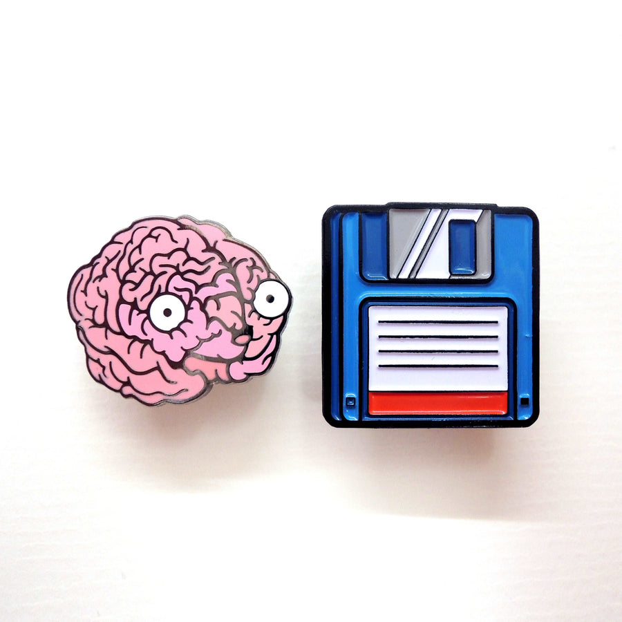brain and floppy enamel pin