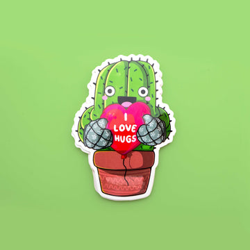 green cactu ssticker holding a heart shasped balloon saying: I love hugs