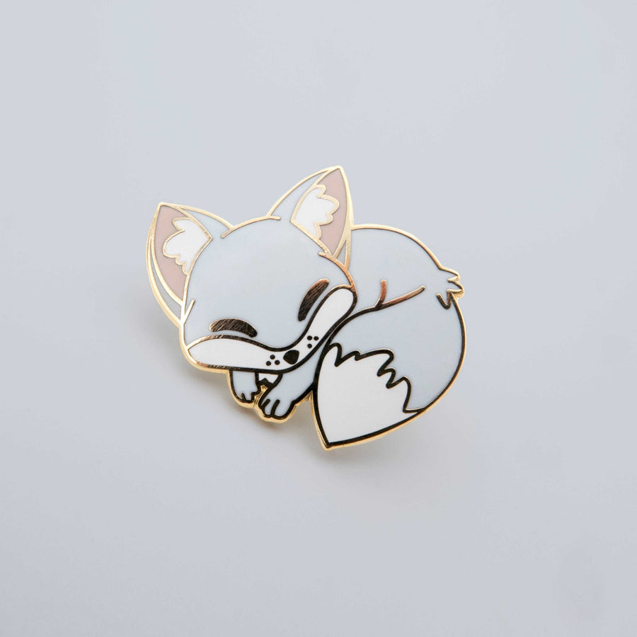 light gray sleeping fox enamel pin