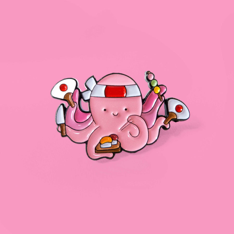 pink japanese octopus sushi chef soft enamel pin