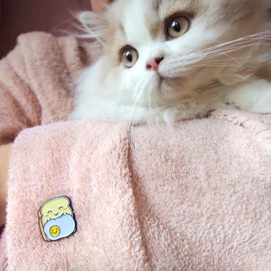 toast pin with cat in pink robe