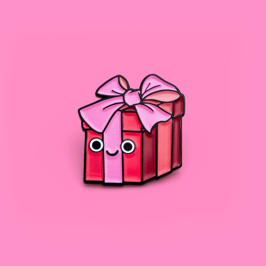 valentines day pink wrapped present enamel pin